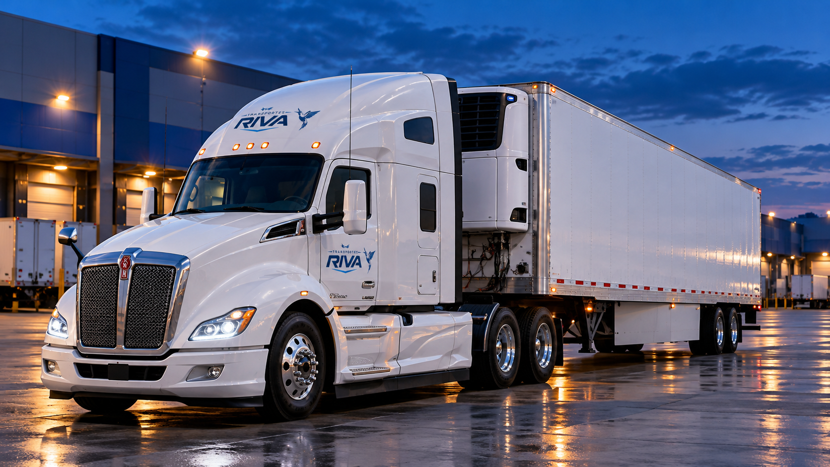 Imagen conceptual: Kenworth con caja refrigerada y rotulación Transportes RIVA